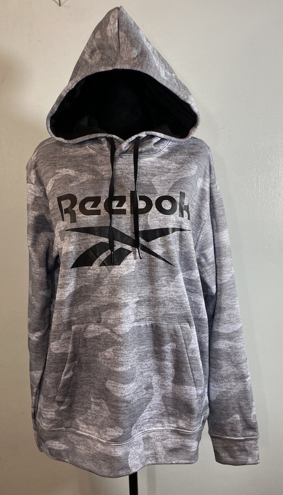 Reebok Pullover Hoodie Mens Large Sweatshirt Gray Camo Logo Spellout