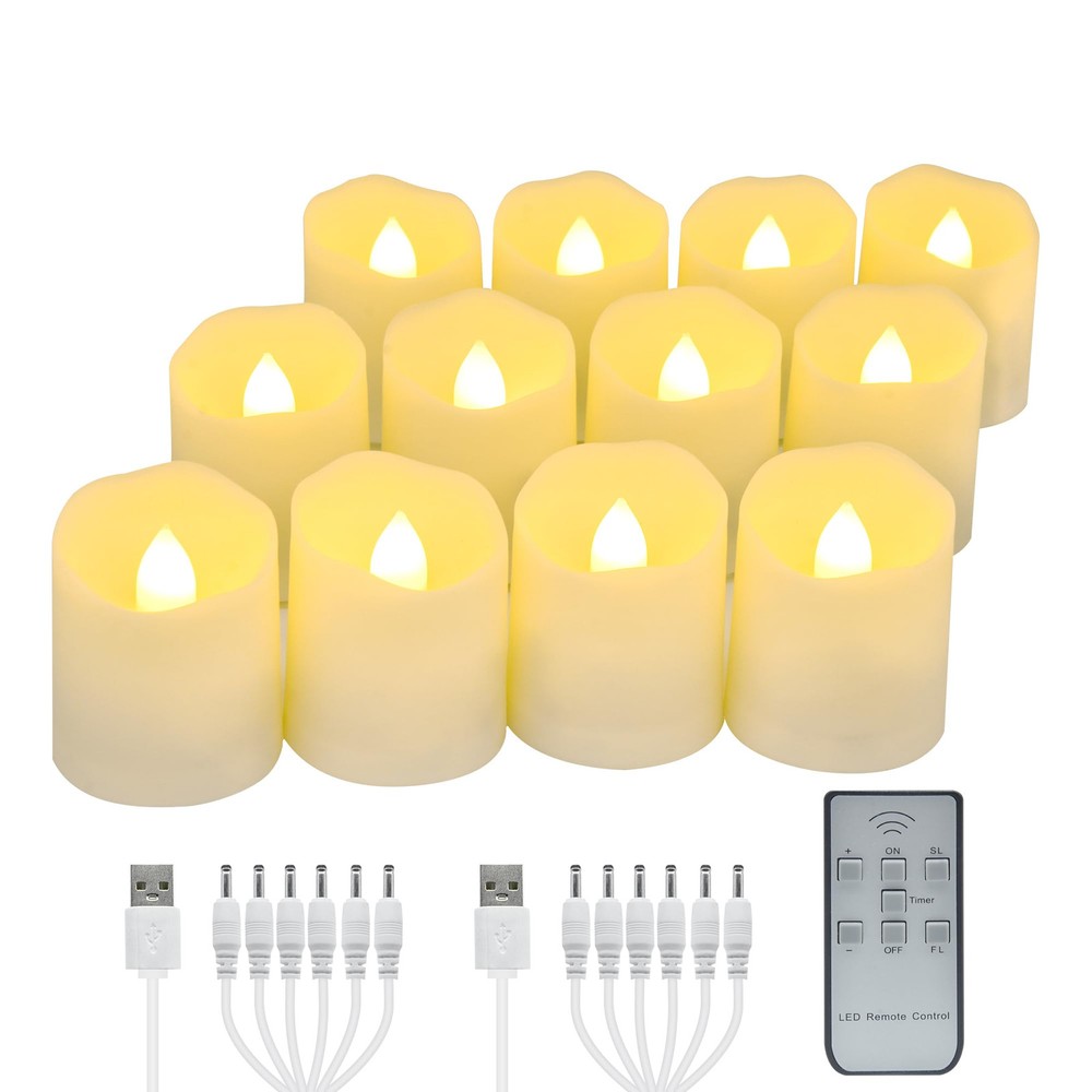USB Rechargeable Flameless LED Tea Lights Warm White Votive Candles with Remote