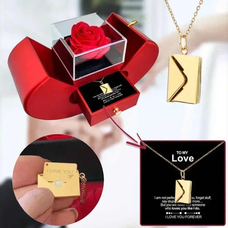 White Gold Necklace with Real Rose to My Love Forever Rose Heart Box to My Love