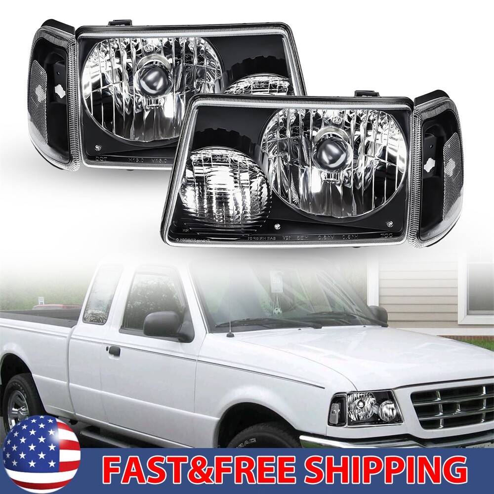 Fits 2001-2011 Ford Ranger Black Housing Headlights White Corner Signal Lamps