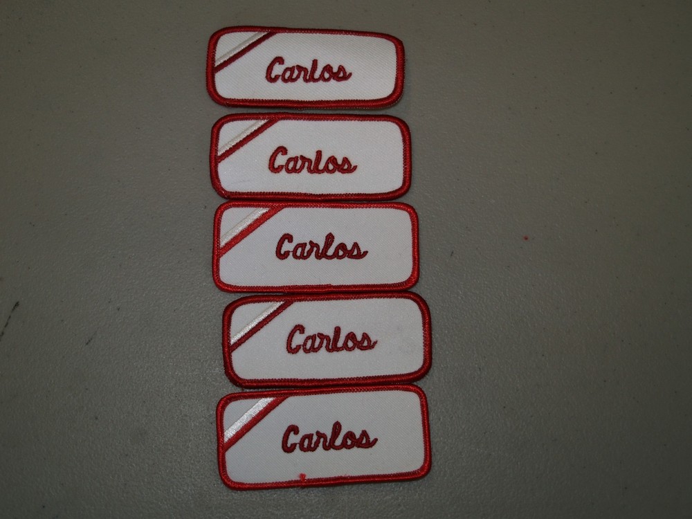(5) Carlos Embroidered Name Tag-Patch Sew on/ Iron on New