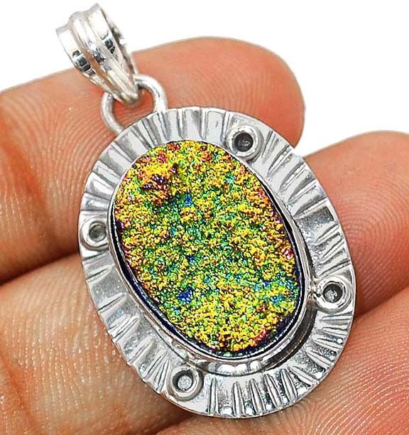 Natural Titanium Druzy 925 Solid Genuine Sterling Silver Pendant Jewelry
