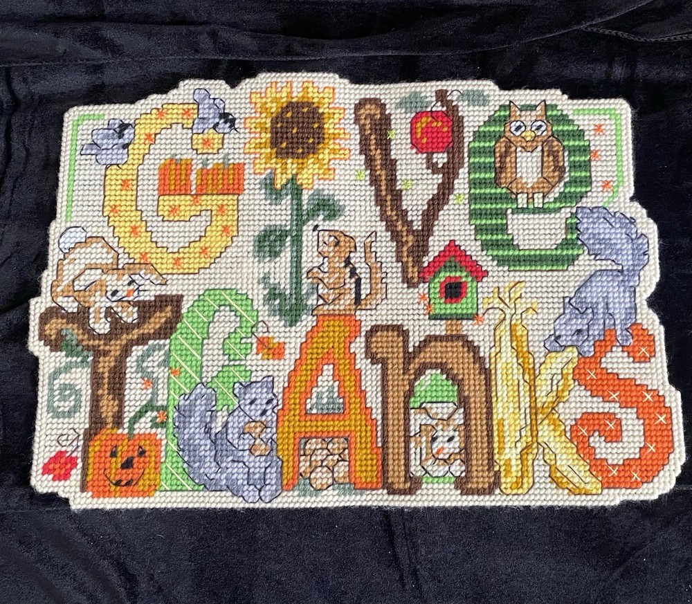 Vintage Hand Stitched “Give Thanks” Needlepoint Placemat Wall Hanging 12x18