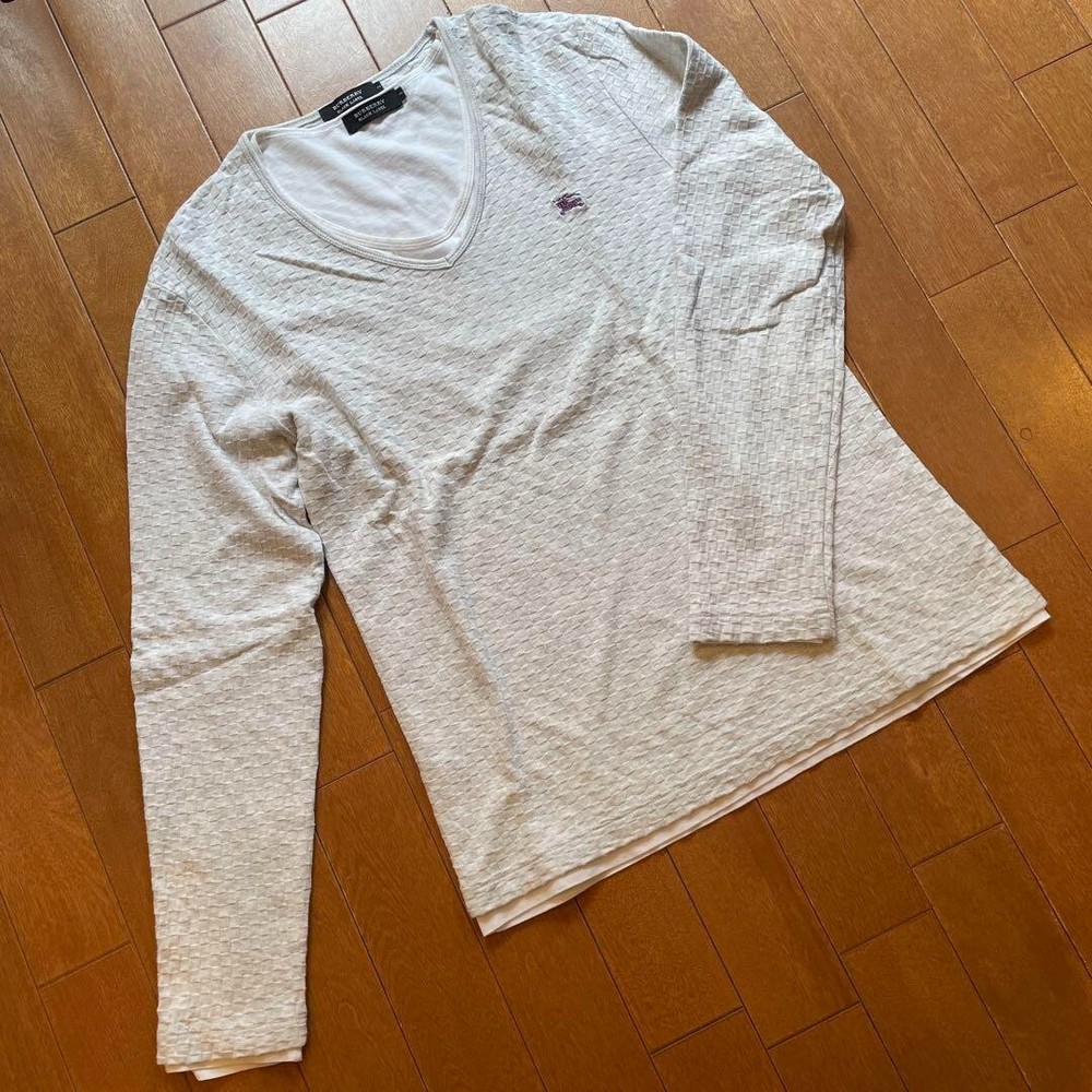 Burberry Black Label V-neck Cut & Sewn T-shirt Light Gray Cotton Men Size 2 Used