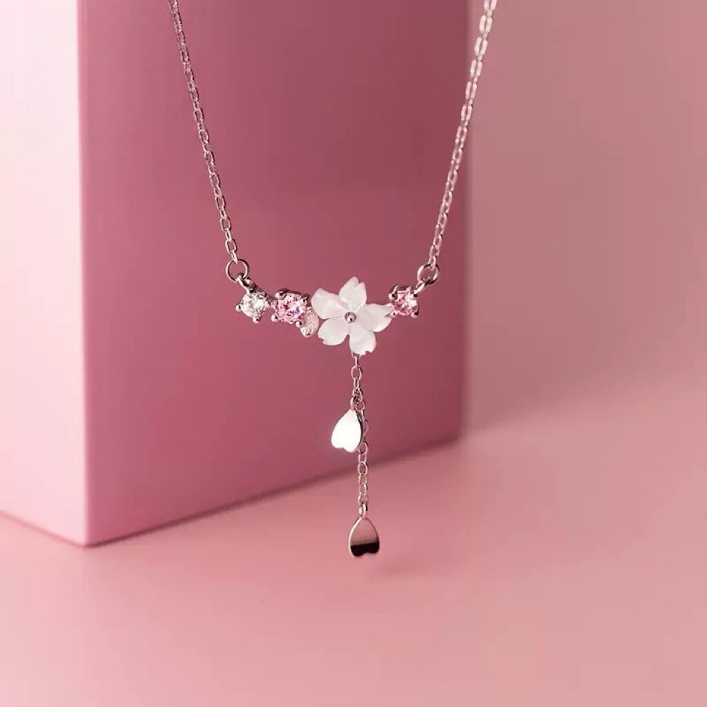 S925 Sterling Silver Elegant Flower & Heart Tassel Pendant Necklace for Women