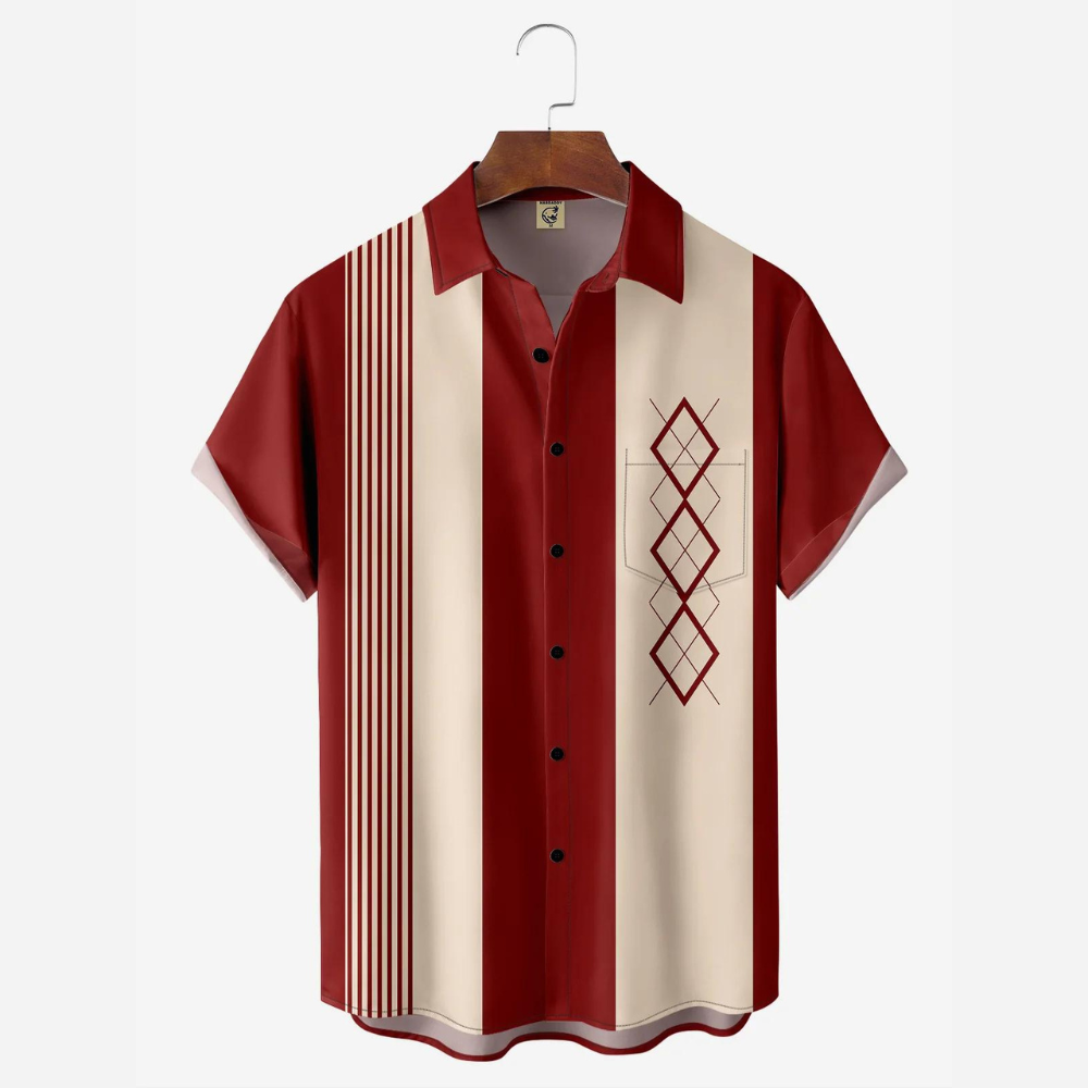 Vibrant Red Geometric Block Pattern Hawaiian Shirt for Men