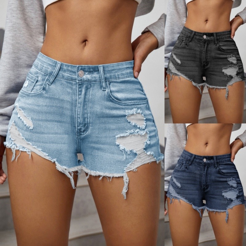 Women'S Ripped Distressed Skinny Stretchy Hot Pants Skinny Denim Shorts Turn-up