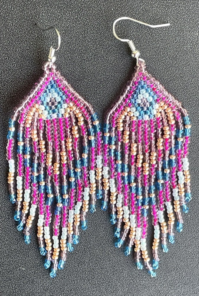 Boho Native Style Pink Blue Gold Seed Bead Beaded Earrings Fringe Tassel Long