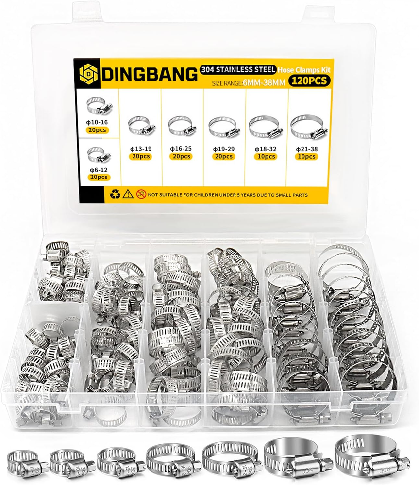 120-Piece Stainless Steel Hose Clamp Kit - Adjustable 6-38mm (1/4