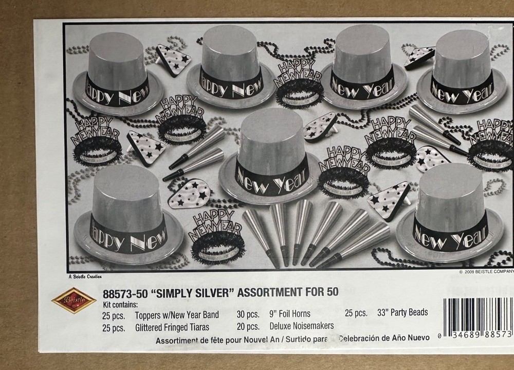 New Years Party Favors For 50 Count Guests Silver Black Hats Horns Beads Tiaras-image
