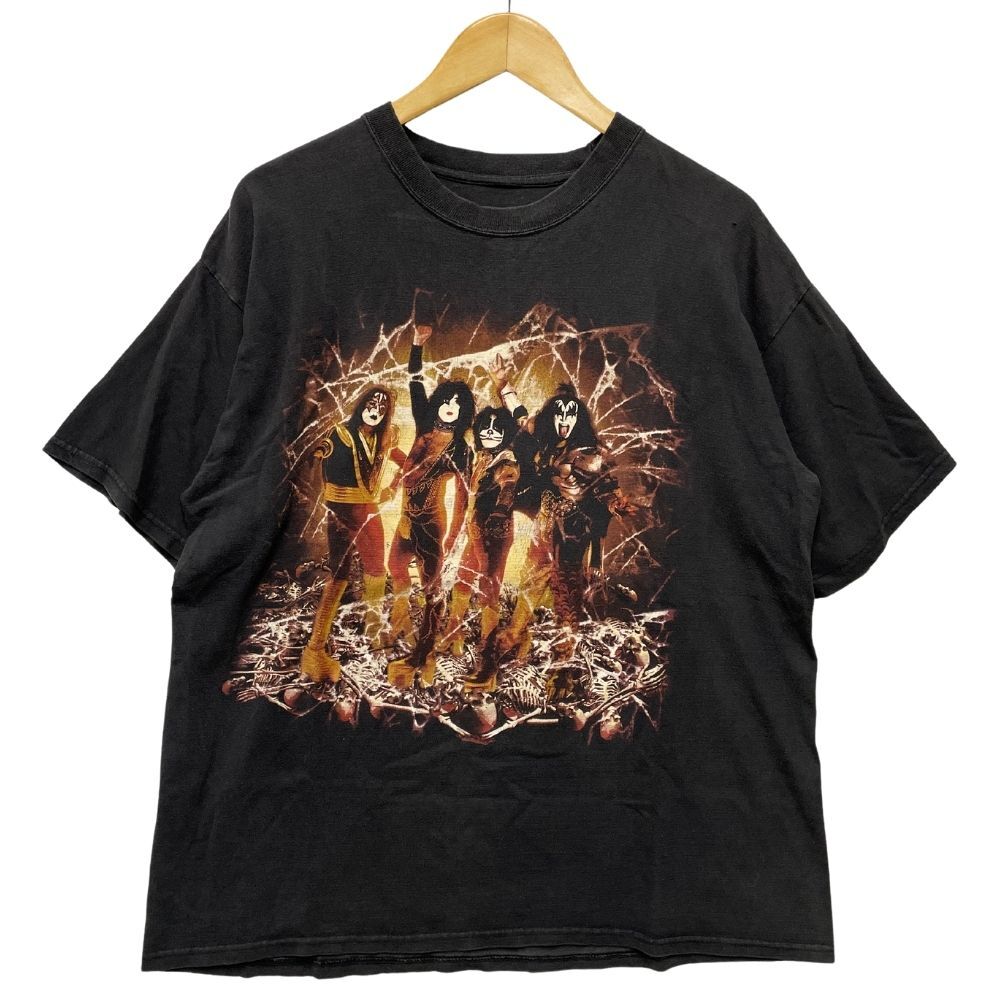 Vintage KISS band T-shirt with double sleeves and hem black Genuine / 33492