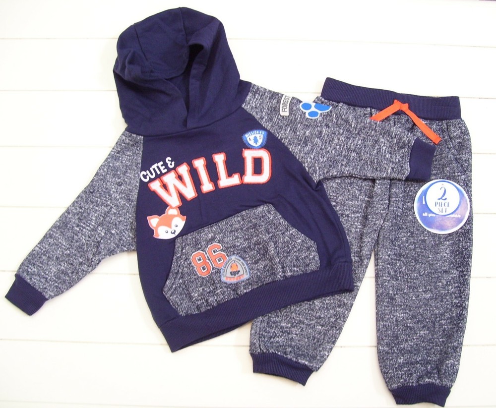 Boys Nannette Kids Blue 2 Pc Fox Cute & Wild Hooded Shirt & Pants Outfit Sz 24M