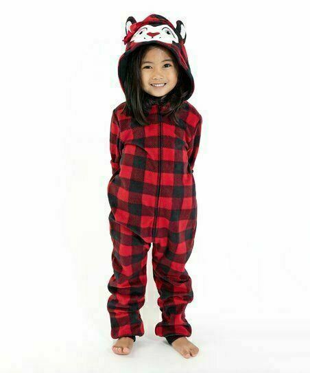 Dream Life Girls Red Black Check Plush One Piece Pajamas Bear Hoodie Size 2T NWT