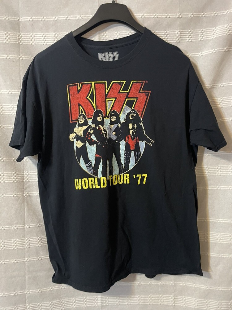 Kiss Word Tour 77 Black T-Shirt for Adults Size XL Vintage Rock Band Tee