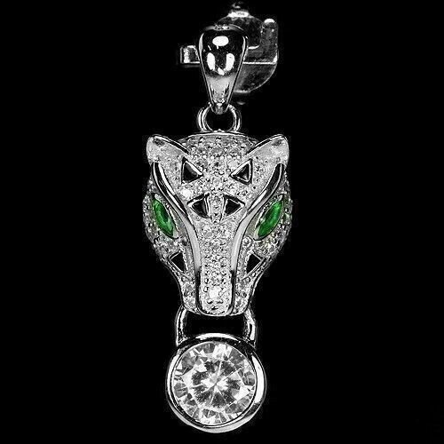Silver Pendant Bright White Created Zircon Stones Tiger Solid Sterling And Chain