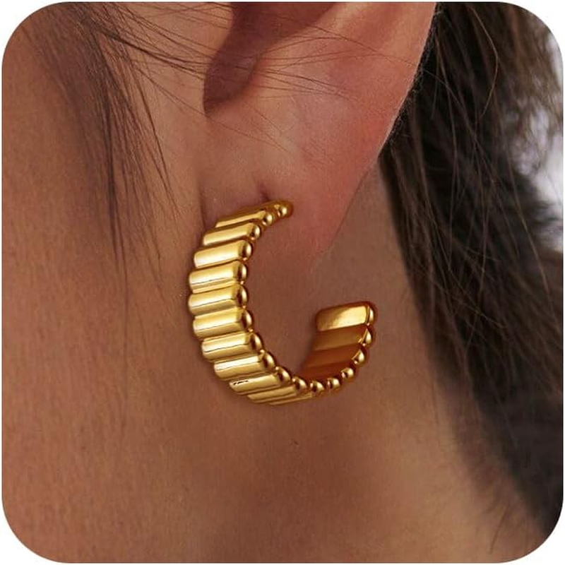 Chunky Gold Hoop Earrings for Women 14K Gold Plated Open Hoops Lightweight Huggi