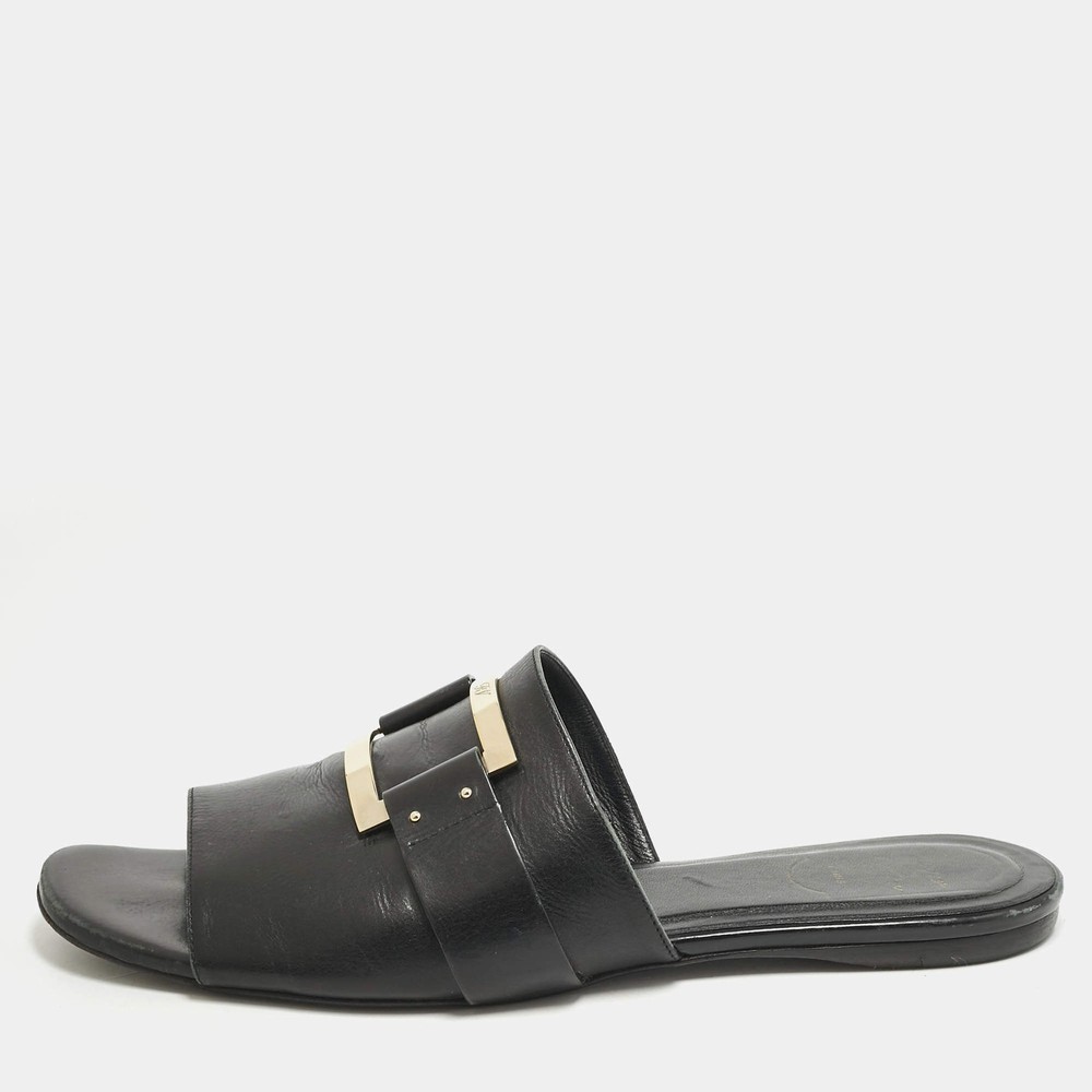 Roger Vivier Black Leather Buckle Flat Slides Size 41