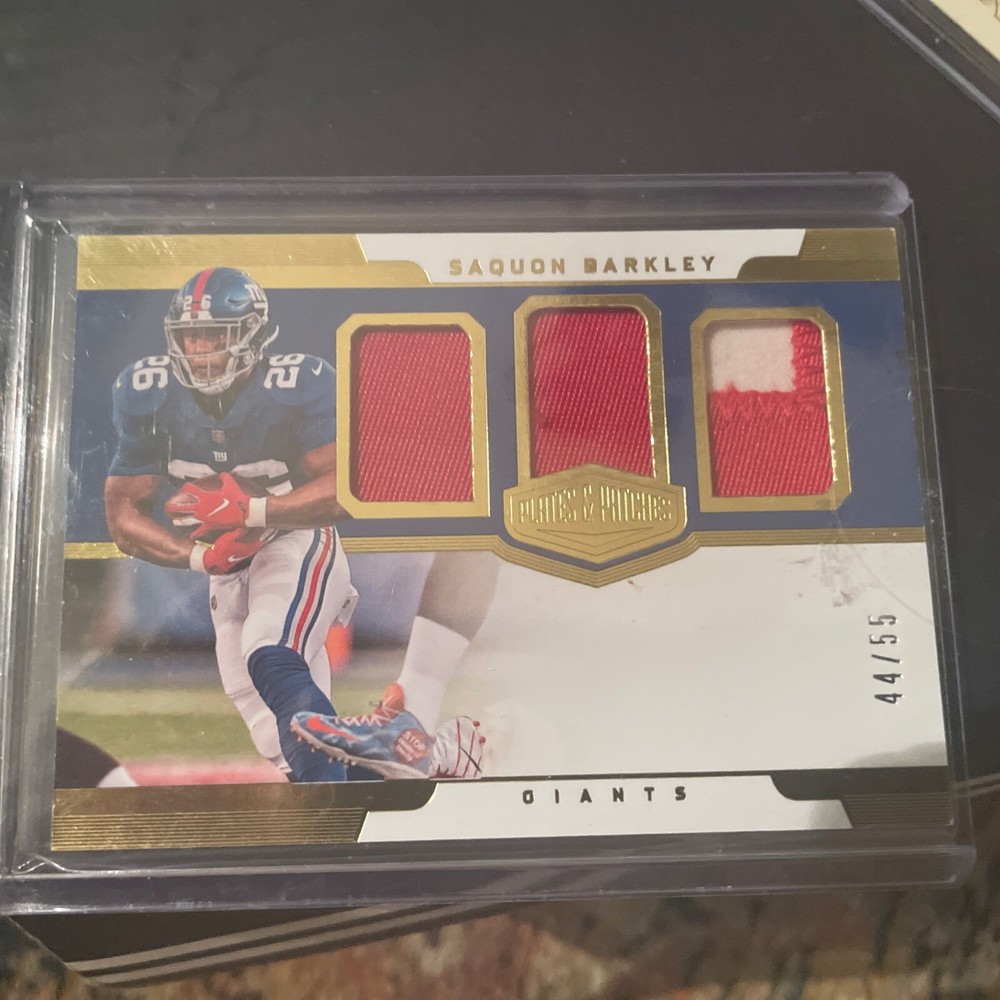 3 patch Alt Jersey!2018 Panini Saquon Barkley Rookie Card Giants /55 mint cond