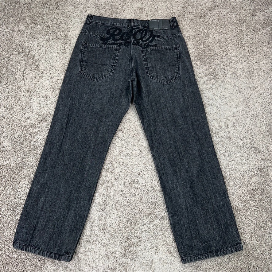 Rocawear Men 36 Black Baggy Denim Jeans Urban Hip Hop Skater Y2K Spellout Style  