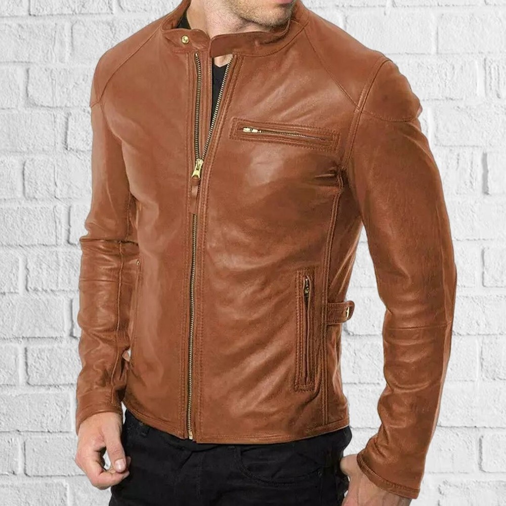 Men's Slim Fit Tan Lambskin Leather Biker Jacket Motorcycle Style