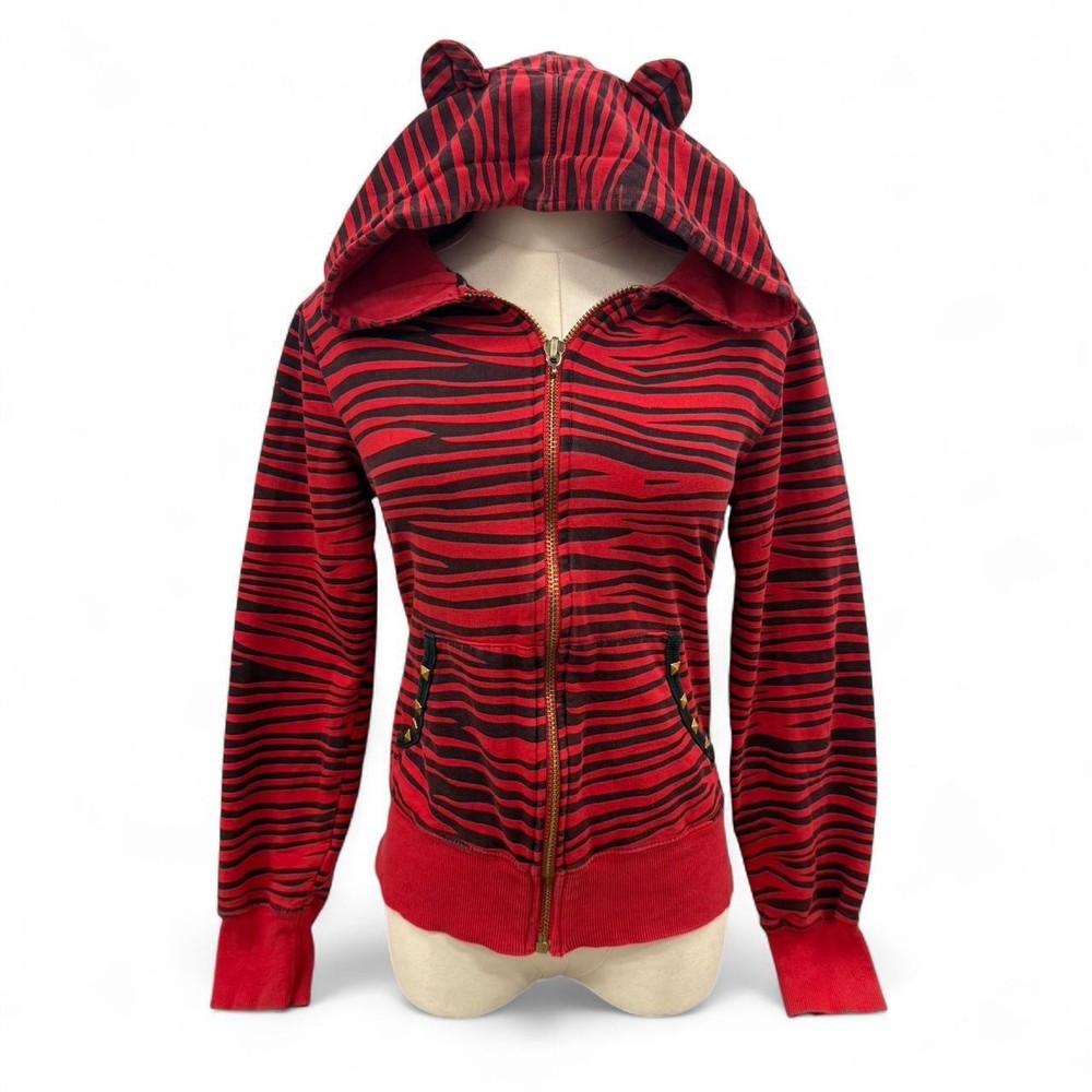 Abbey Dawn Avril Lavigne Zebra Striped Hoodie Cat Ears & Studs  XL