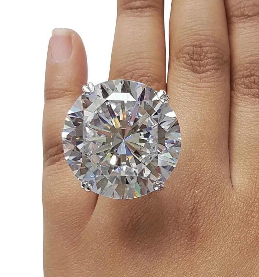RARE 27.40 Ct Certified  White Treated Diamond Solitaire Ring In 925 Silver