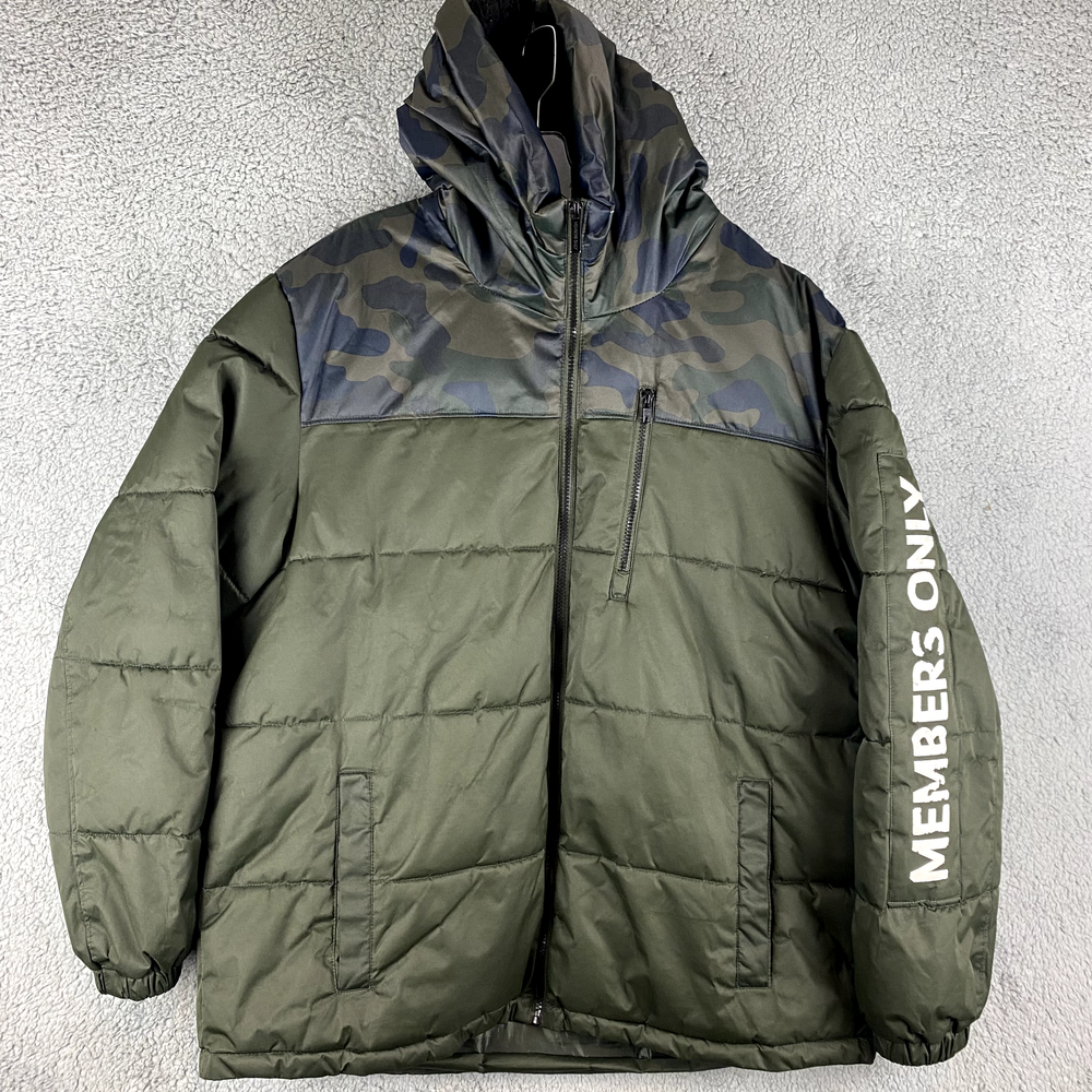 Members Only Mens XL Green Camo Fleece Hooded Puffer Coat Heavy Jacket-image