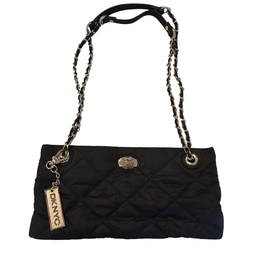 DKNYC Quilted Black Clutch Purse Gold Metal Chain Straps Evening Bag