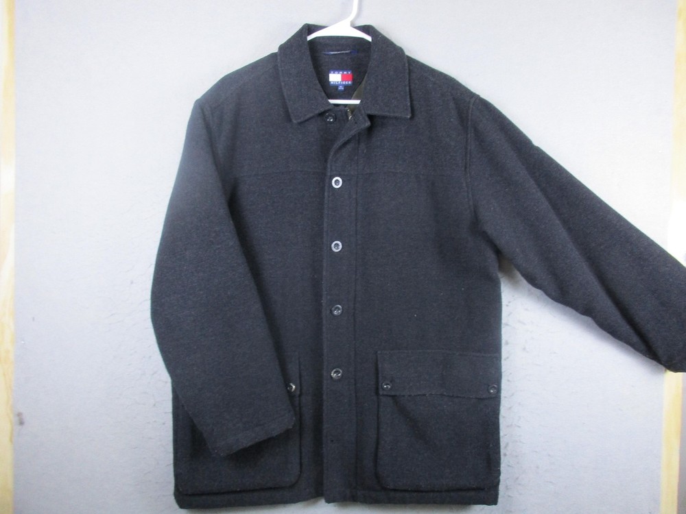 Tommy Hilfiger Coat Mens XL Gray Wool Overcoat Full Zip Button Front Lined