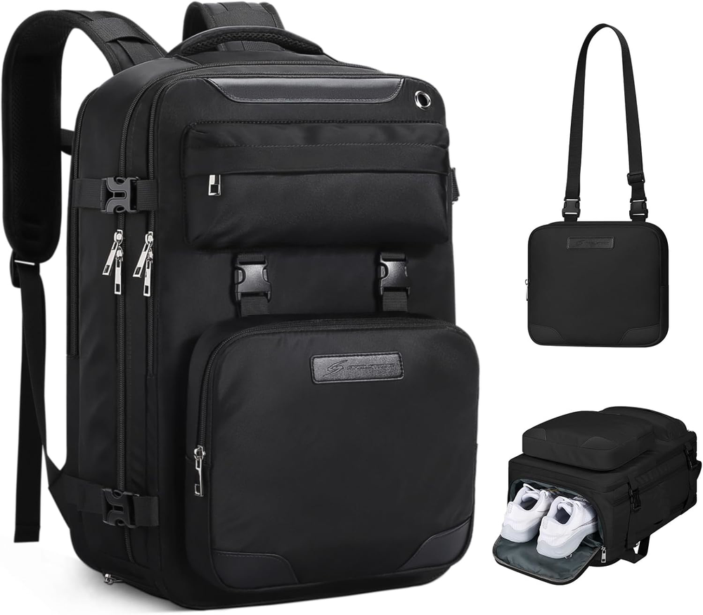 35L Weatherproof Travel Backpack Fits 17-Inch Laptop & Detachable Daypack in Black