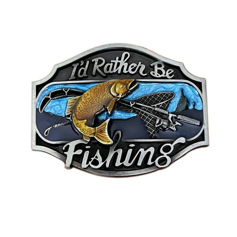 Western Belt Buckle for Men & Women Cowboy Rodeo Wear - I'd Rather Be Fishing