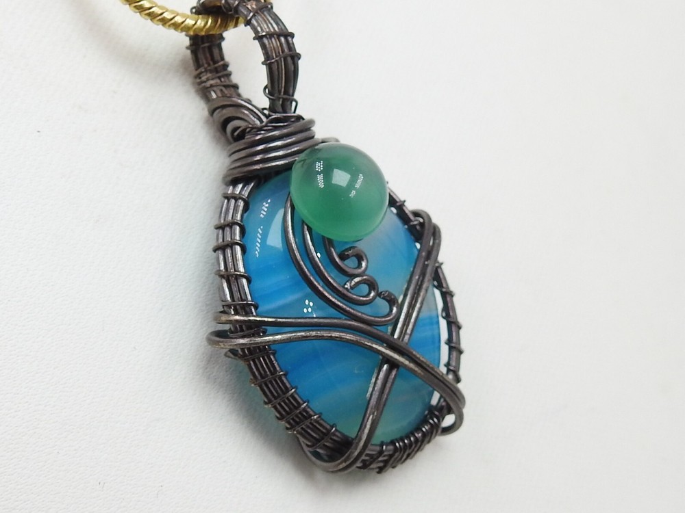 Green Strip Agate Brass Pendant Silver Oxidised Polished Wire Wrapped Jewelry