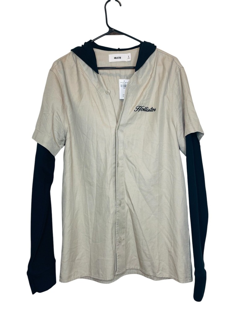 NWT HOLLISTER TAN AND BLACK HOODED MENS BUTTON UP SHIRT SIZE S