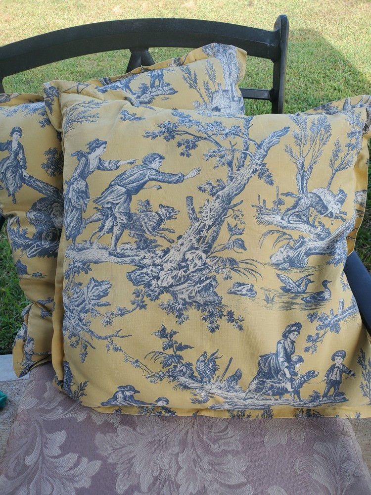 2 Vintage Toile French Country Life Accent Pillows Square Yellow Blue 20