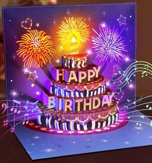 INPHER Birthday Cards Fireworks Pop Up Cake Light and Music Happy Birthday Card