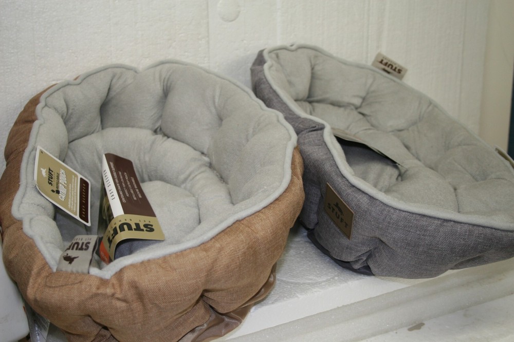 Stuft Easy Sleeper Cat or Small Dog Beds set of two count One Beige and One Grey