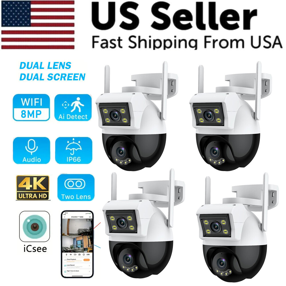 4PCS 8MP Dual Lens WiFi IP Camera Wireless Outdoor CCTV PTZ Home Security IR Cam