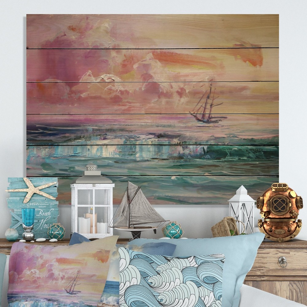 Designart 'Battle Sea Ship On Purple Sunset' Nautical &