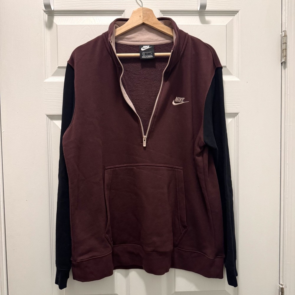 NIKE Men's 1/4 Zip Fleece Pullover Sweatshirt With Pockets SZ Large Maroon Black