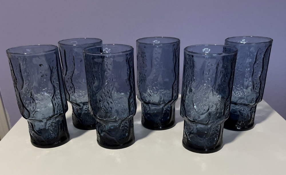 S/6 Libbey Normandy Blue Stone Textured Barware Juice Glass Vtg MCM Circa 80's