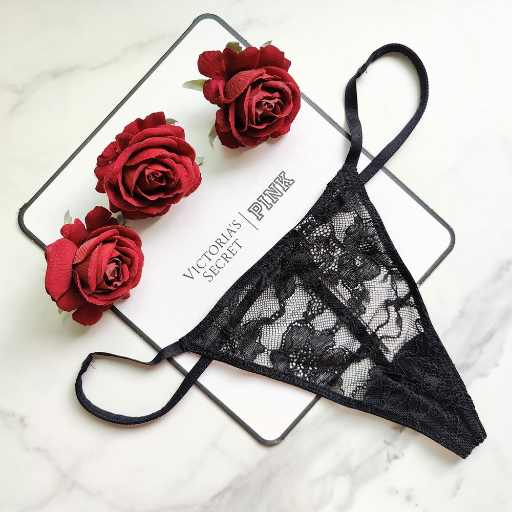 Victoria's Secret Very Sexy Black Lace V-String Panty with Back Shine Strap Size S