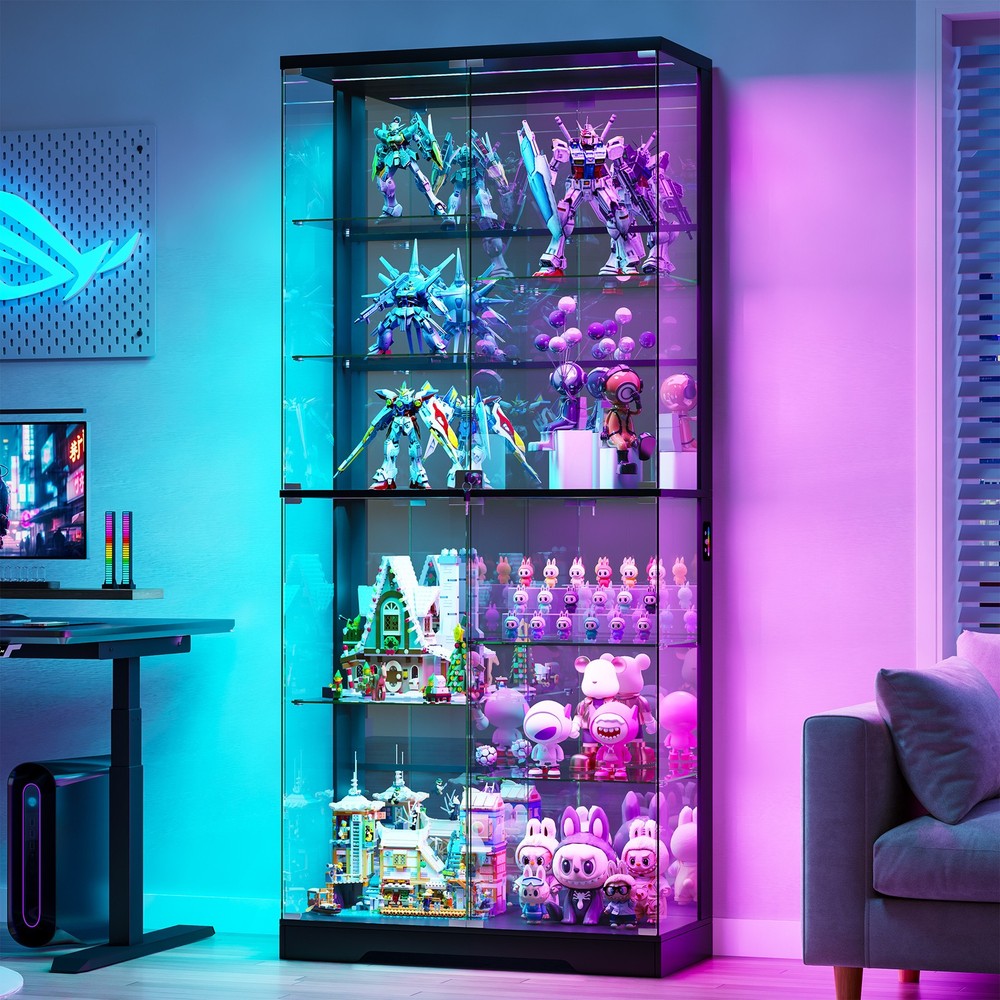 Display Cabinet with RGB Lights, 10-Tiers Glass Display Shelves for Collectibles