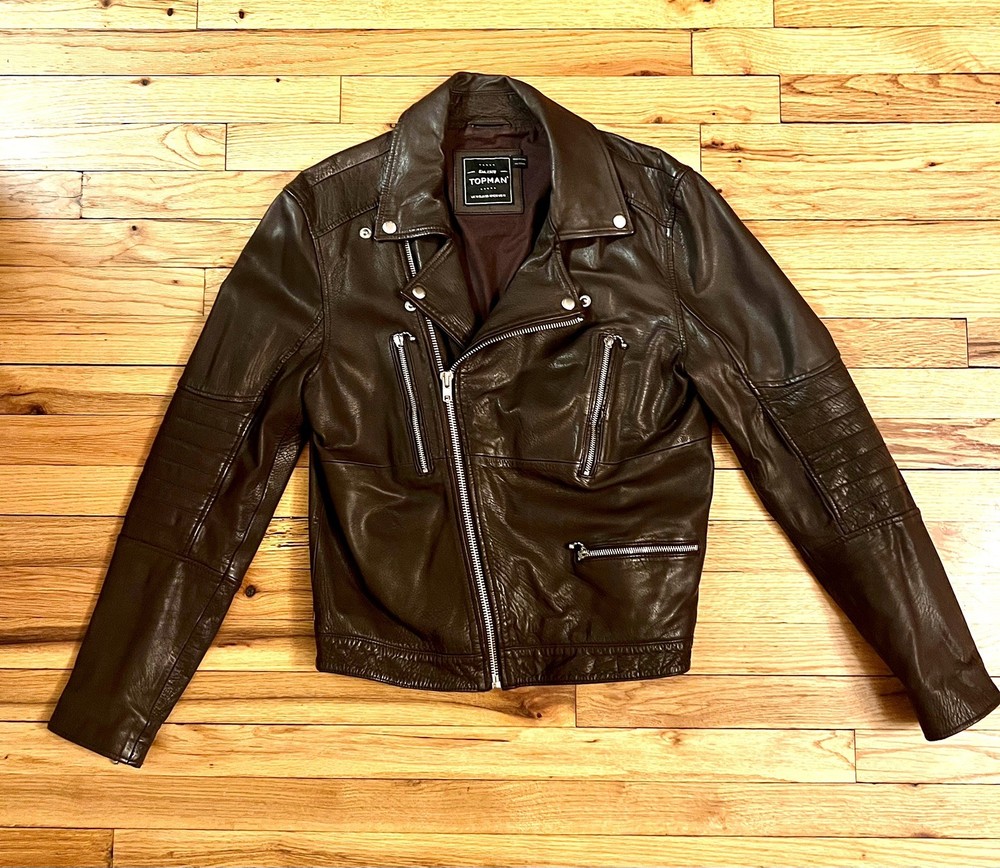 Vintage TOPMAN Brown Genuine Leather Biker Jacket. Barely Ever Worn. Sz. M.