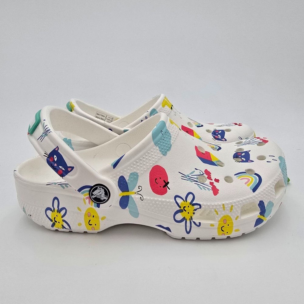Crocs Classic Doodle Print Clogs Kid's Size 5 White Slip On Casual Comfort