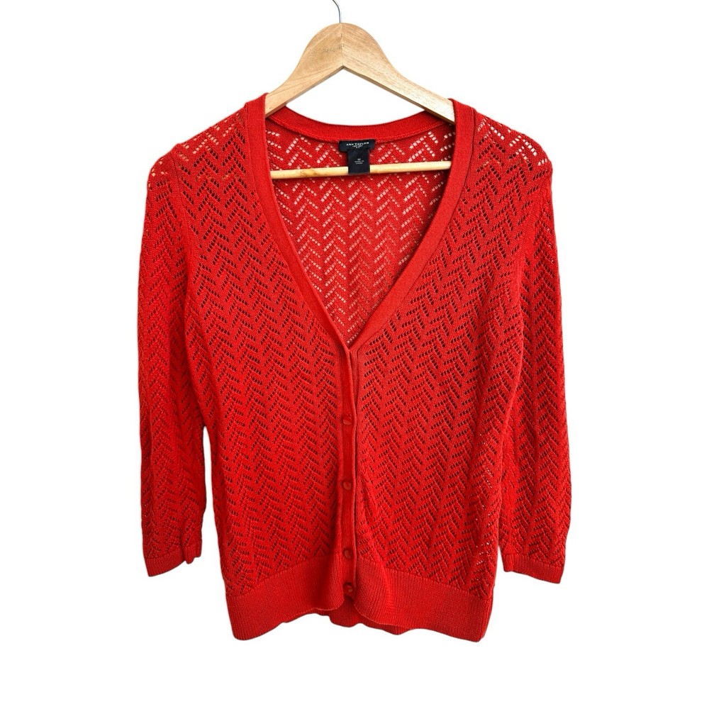 Ann Taylor Orange V-Neck 3/4 Sleeve Button-Front Knit Sweater Size M  