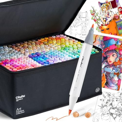 Ohuhu illustration Marker Pen 320 Colors Brush Type w/ Blender Pen Carrying Case