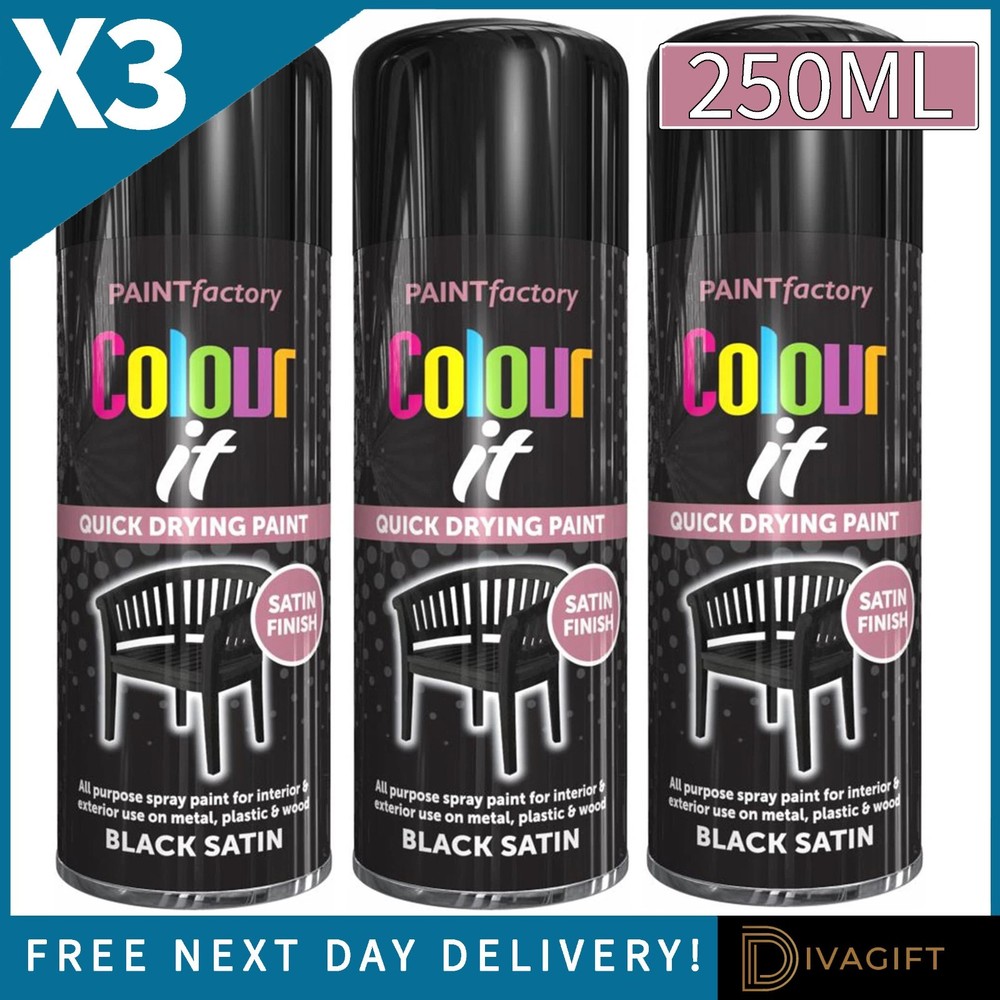 3 x COLOUR IT BLACK SATIN FINISH SPRAY PAINT 250ML FOR METAL WOOD PLASTIC NEW