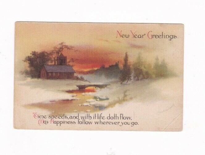 VINTAGE NEW YEARS GREETINGS POST CARD ARTIST PAINTING VERY PRETTY-image