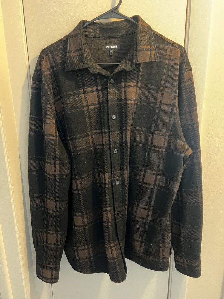 Express Men’s Brown and Black Plaid Flannel Button-Up Size L