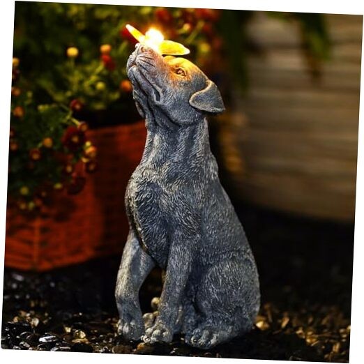 Solar-Powered Gray Dog Garden Statue with Butterfly Outdoor Decor